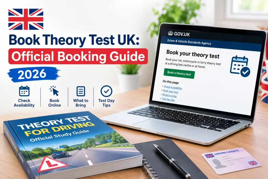 Featured image for the Book Theory Test UK Official Booking Guide 2026 showing a laptop with the GOV.UK booking page, study guide, and provisional licence