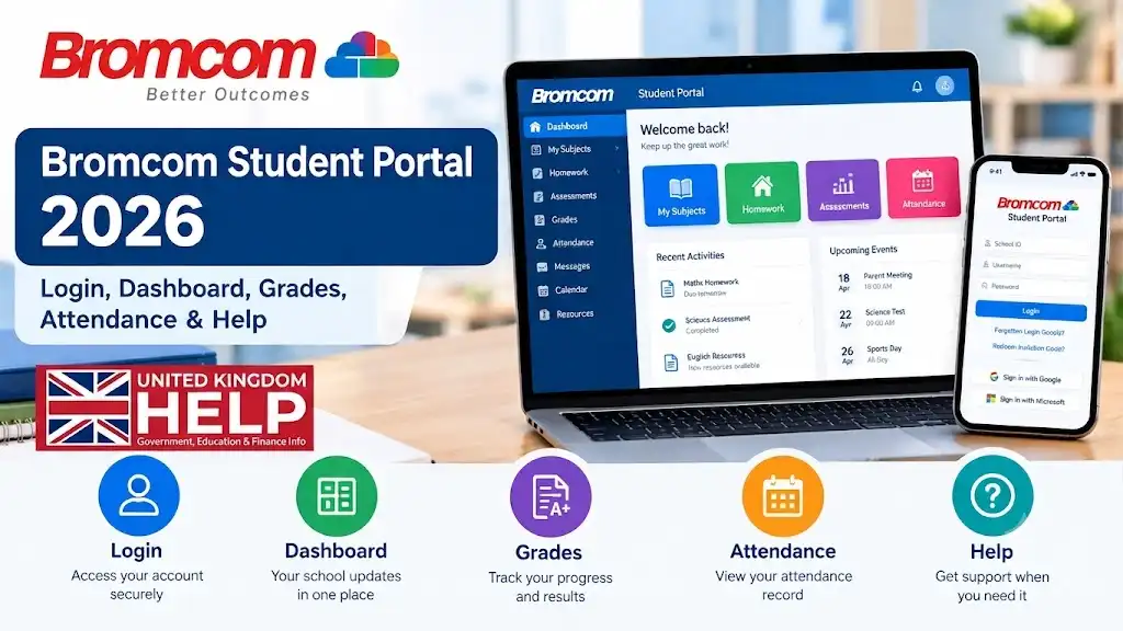 Bromcom Student Portal 2026 showing login, dashboard, grades, attendance and help features