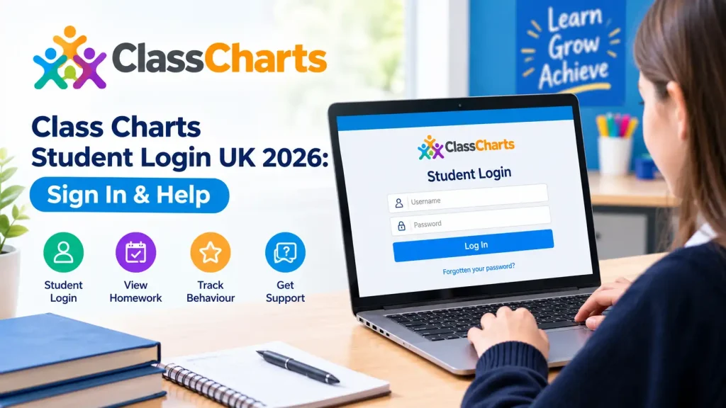 A student using a laptop to access the Class Charts Student Login UK portal for signing in, viewing homework, tracking behavior, and getting support.