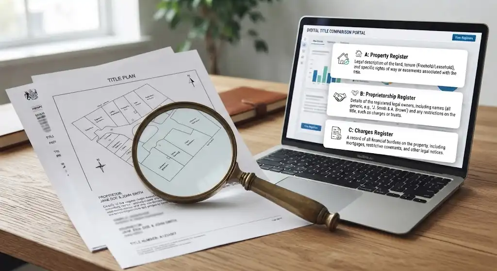 Flat lay view of an online HM Land Registry title plan document under a magnifying glass, next to a laptop displaying digital title comparison portal registers.