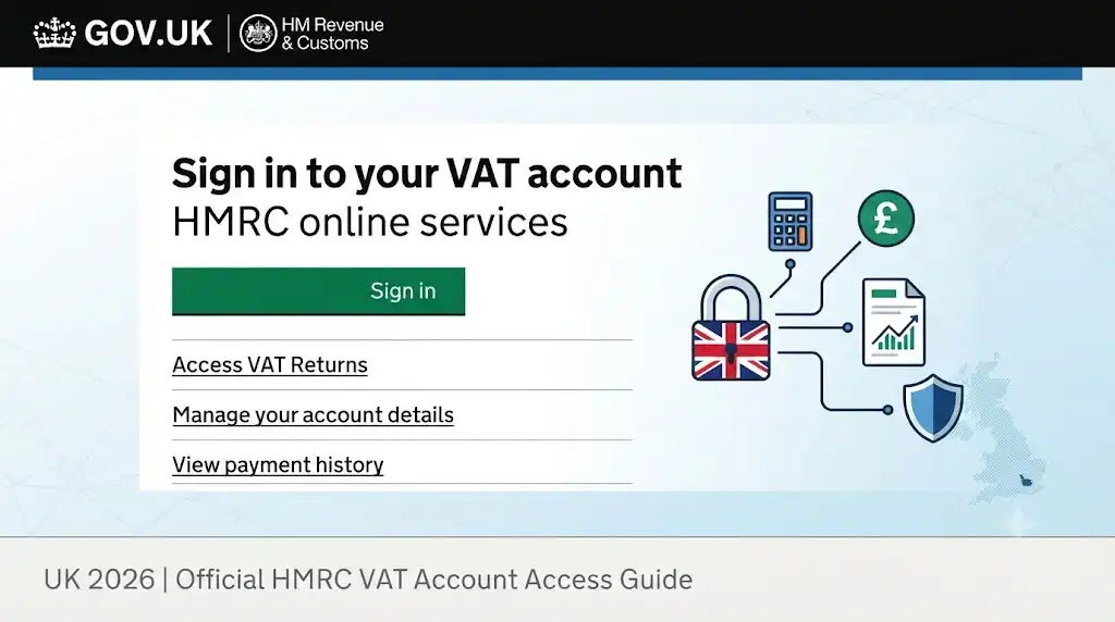 Screenshot showing the official GOV.UK HMRC online services page to sign in to your VAT account, access VAT returns, and manage account details.