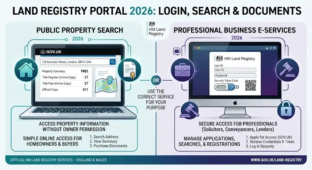 Infographic comparing HM Land Registry 2026 public property search for homeowners and professional business e-services login for solicitors and conveyancers.