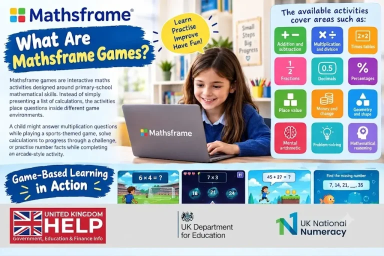 Infographic explaining what Mathsframe Games are, featuring a young girl using a laptop, icons of available activity areas like addition, multiplication, and fractions, and examples of game-based learning in action.