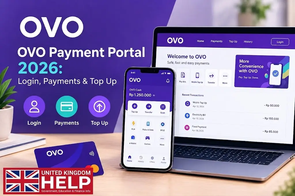 Screenshot showing the OVO payment portal 2026 interface displayed on a laptop and mobile phone, featuring options for login, payments, and account top-up.