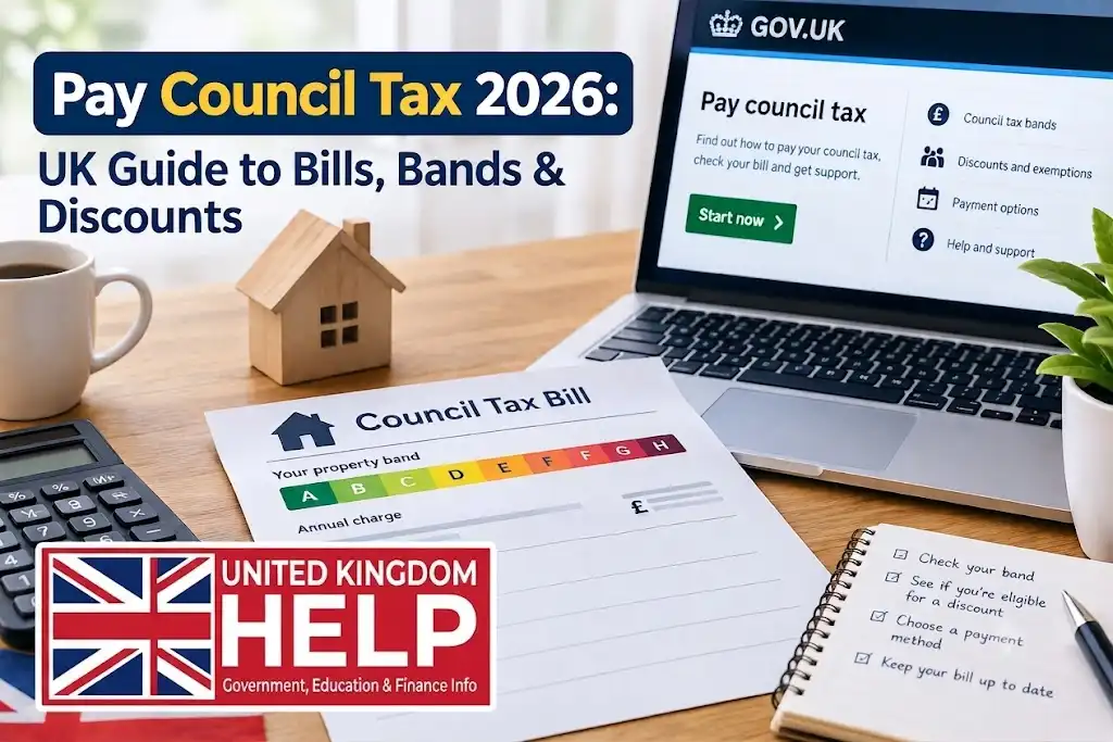 Pay Council Tax UK guide showing a council tax bill, property bands, payment options and GOV.UK website on a laptop
