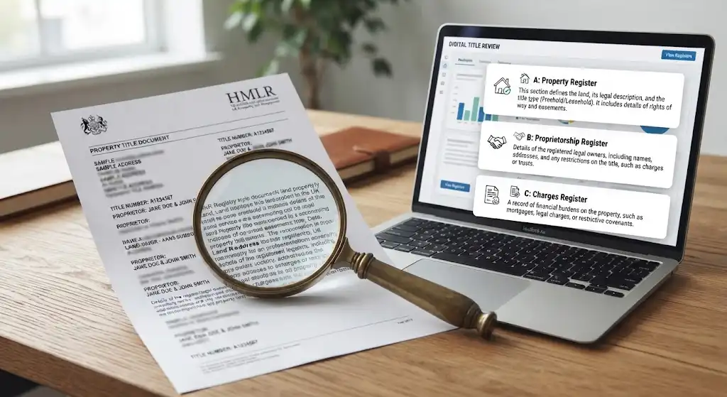 Flat lay view of an HMLR property title document with a magnifying glass next to a laptop displaying digital title review registers including Property, Proprietorship, and Charges registers.