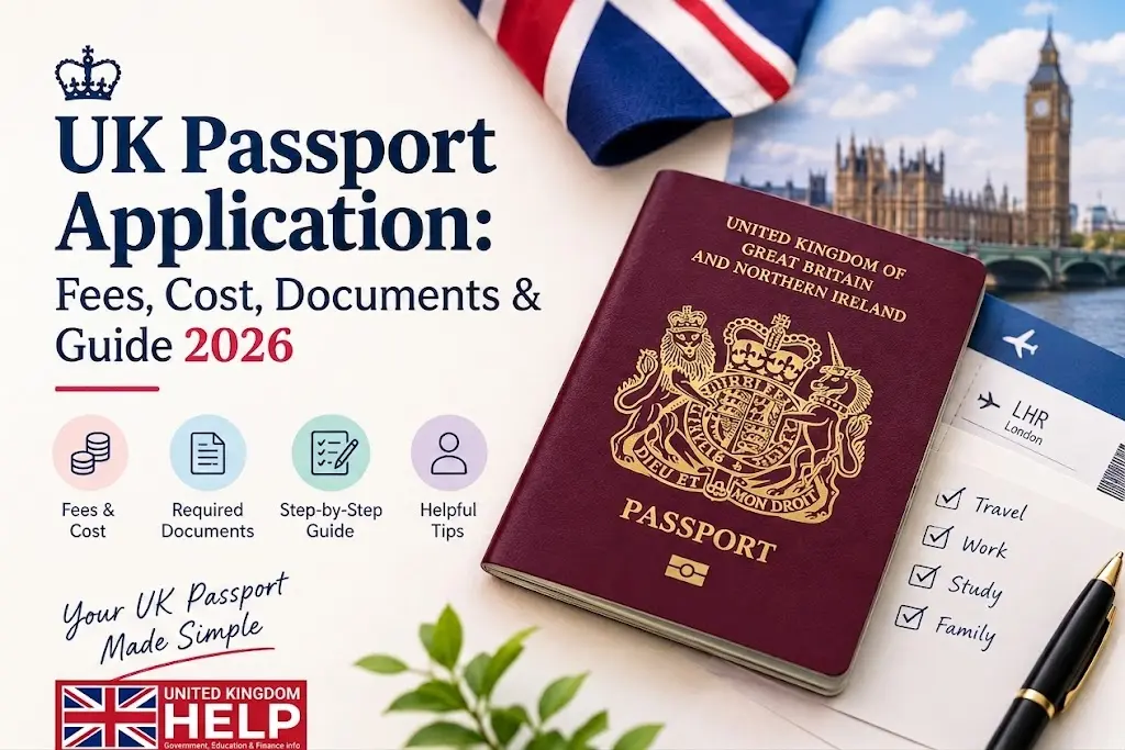A promotional image with a red maroon UK passport, a pen, a checklist and other items, placed on a light wooden table, with text saying 'UK Passport Application: Fees, Cost, Documents & Guide 2026', 'Step-by-Step Guide', 'Your UK Passport Made Simple'.