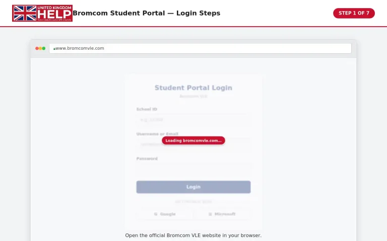 Bromcom Student Portal login page showing Step 1 of the login process