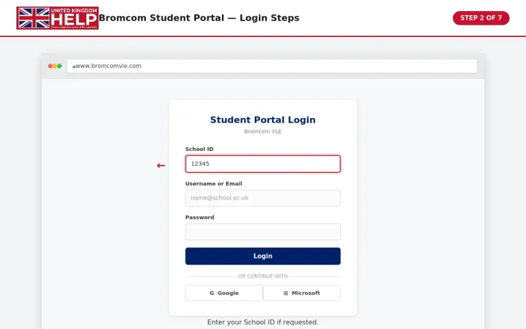 Bromcom Student Portal login screen showing where to enter the School ID