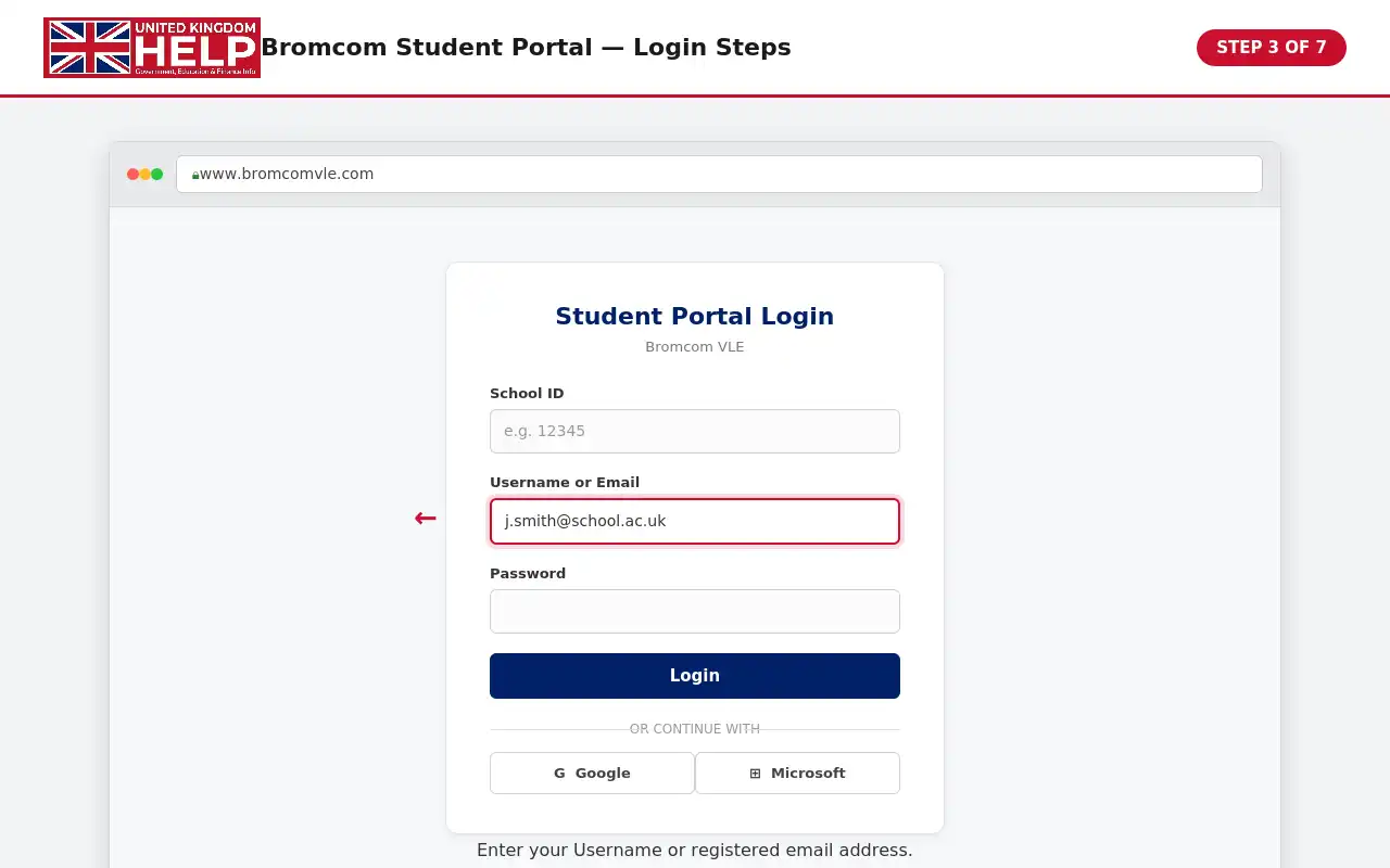 Bromcom Student Portal login screen showing the username or registered email field
