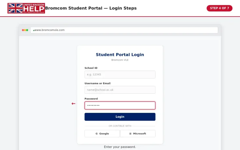 Bromcom Student Portal login screen showing the password field