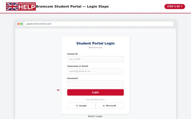 Bromcom Student Portal login screen showing the Login button