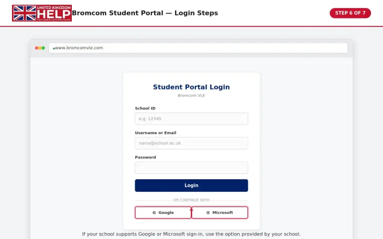 Bromcom Student Portal login screen showing Google and Microsoft sign-in options
