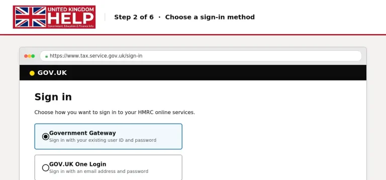 Step 2 of 6: Choose a sign-in method on GOV.UK, showing options to select Government Gateway or GOV.UK One Login for HMRC online services.