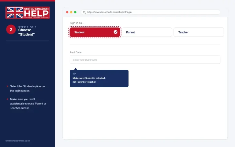Step 2 of the Class Charts login guide showing how to select the Student option instead of Parent or Teacher.