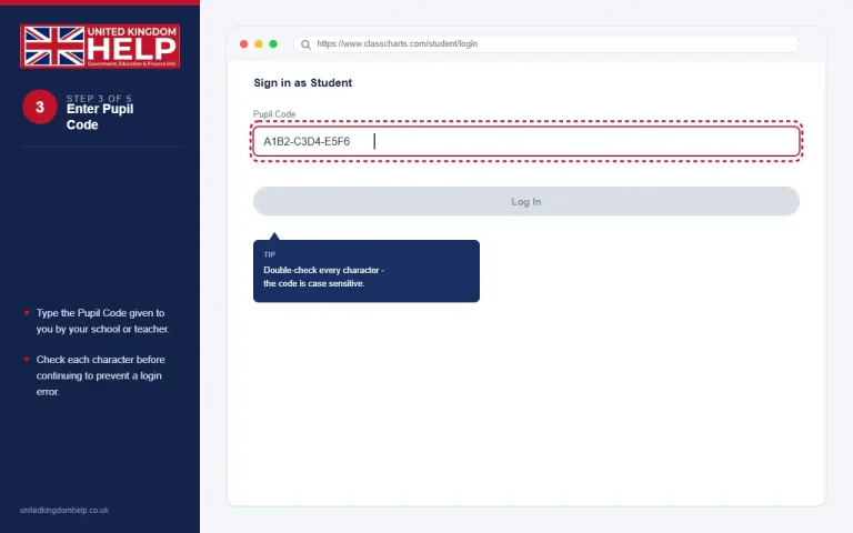 Step 3 of the Class Charts guide showing how to type the school-provided pupil code into the login field.