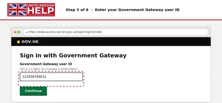 Step 3 of 6: Enter your Government Gateway user ID on GOV.UK, showing the 12-digit input field and continue button.