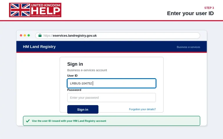 Screenshot showing Step 3 of the HM Land Registry Business e-services guide, showing how to enter your user ID into the sign-in form.