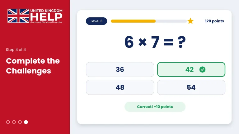 Interactive game screen titled "Step 4 of 4 Complete the Challenges" showing a multiplication question (6 x 7 = ?) with the correct answer 42 selected and validated.