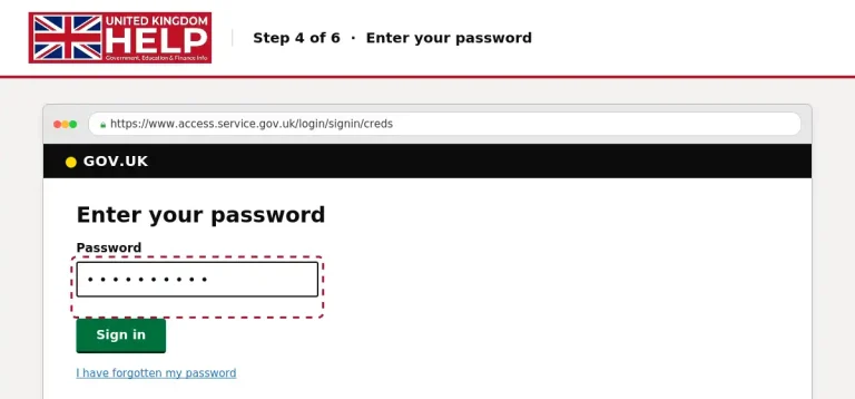 Step 4 of 6: Enter your password on GOV.UK, showing the password input field and sign-in button.