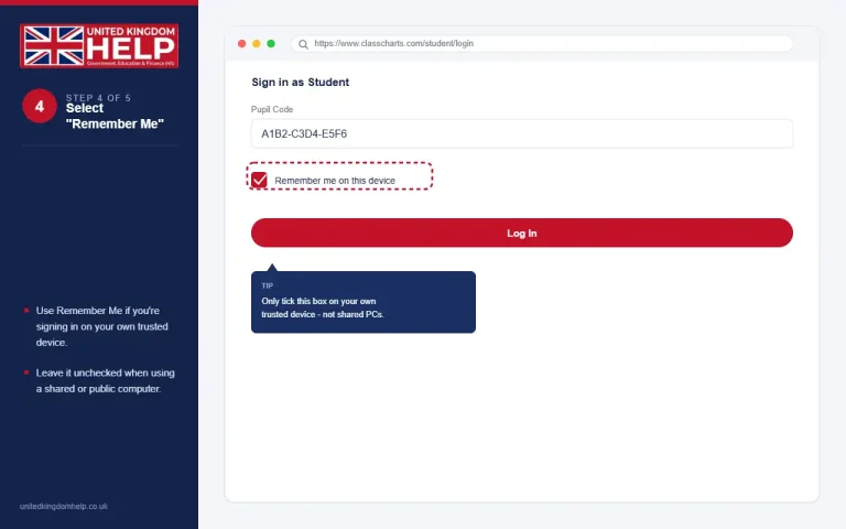 Step 4 of the Class Charts guide showing how to select the Remember me on this device checkbox safely.