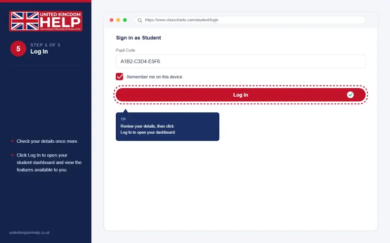 Step 5 of the Class Charts guide showing how to click the Log In button to access the student dashboard.