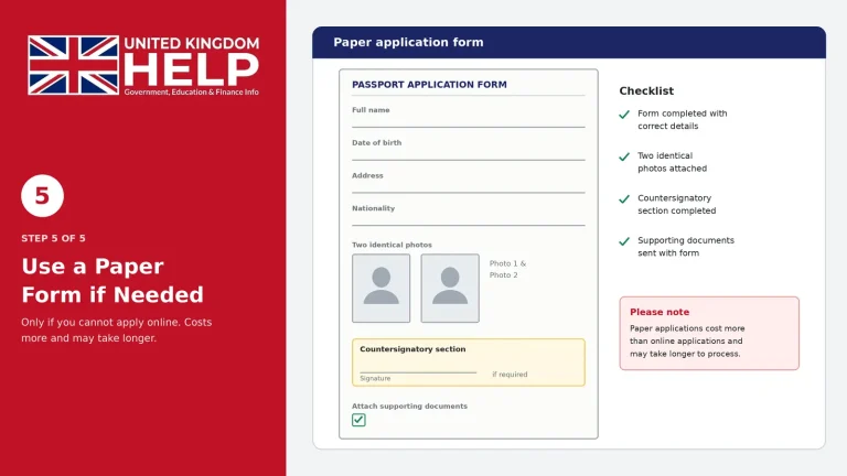 Overview of a UK paper passport application form layout, featuring fields for personal details, two identical photos, a countersignatory section, and a checklist.