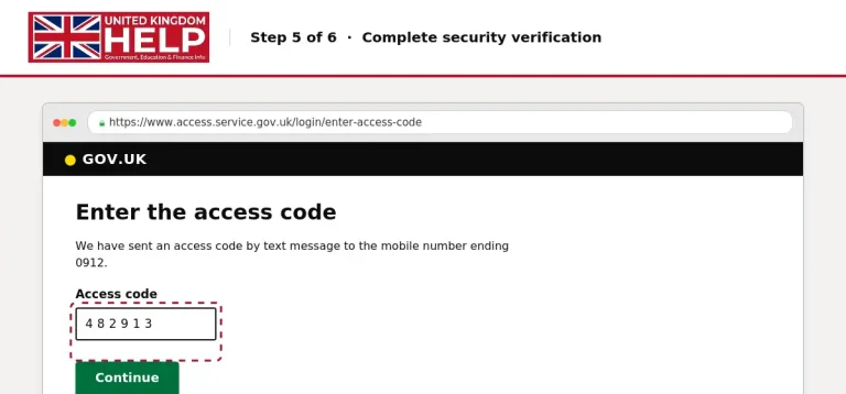 Step 5 of 6: Complete security verification on GOV.UK, showing the access code input field for the text message sent to the mobile number.