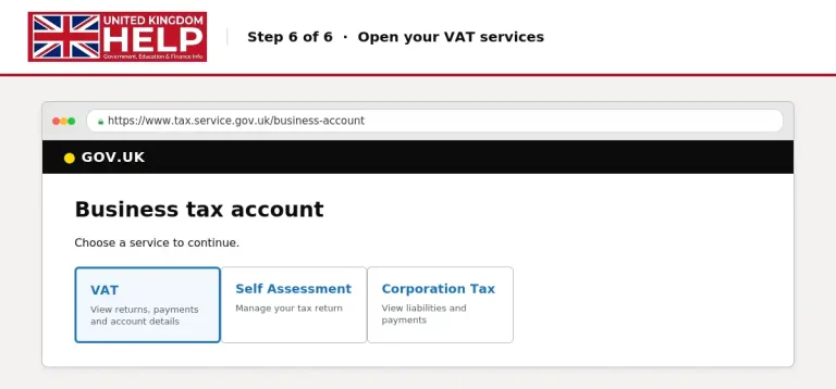 Step 6 of 6: Open your VAT services on GOV.UK, showing the Business tax account dashboard with options for VAT, Self Assessment, and Corporation Tax.