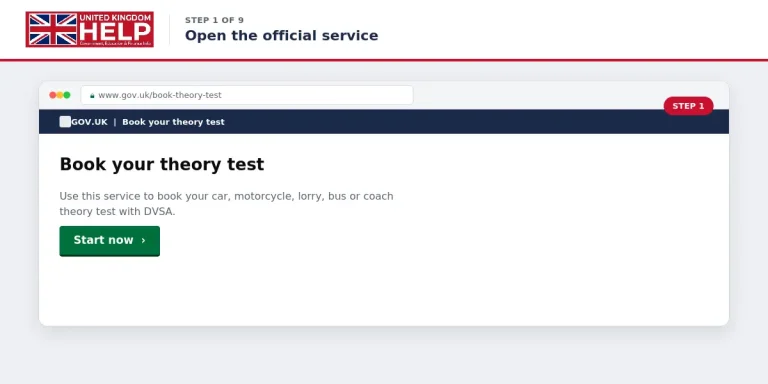 Screenshot of Step 1 showing how to open the official GOV.UK theory test booking service with the start page and URL check.
