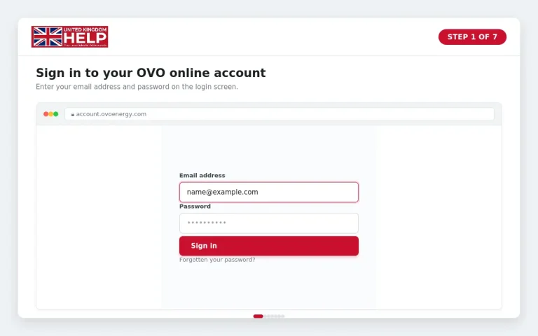 Step 1 of 7: Screenshot of the OVO online account login screen showing fields for email address and password on account.ovoenergy.com.
