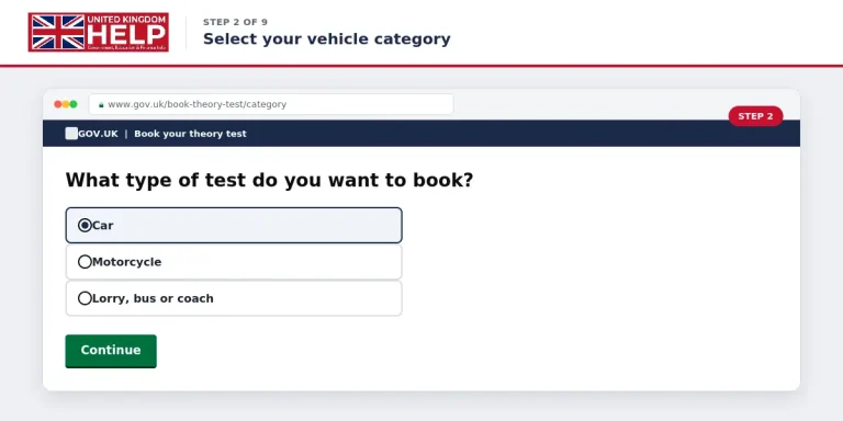Screenshot of Step 2 showing the vehicle category selection options for car, motorcycle, or lorry, bus, or coach test booking.