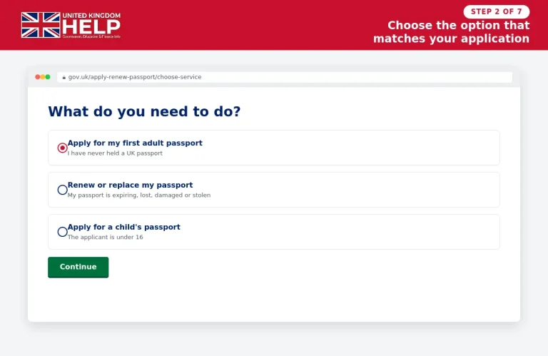 GOV.UK UK passport application page showing options for first adult passport, renewal or replacement, and child passport