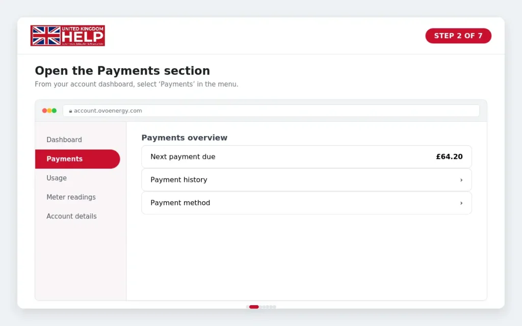 Step 2 of 7: Screenshot of the OVO account dashboard showing the main menu with the 'Payments' section highlighted and payments overview displayed.