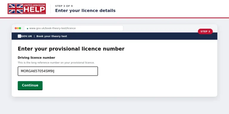 Screenshot of Step 3 showing the input field for entering your provisional driving licence number to book a UK theory test.