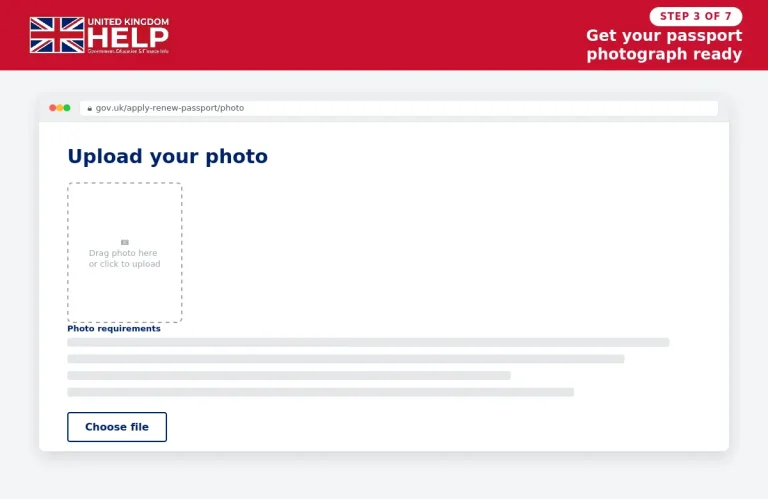 GOV.UK UK passport application page showing the photo upload step