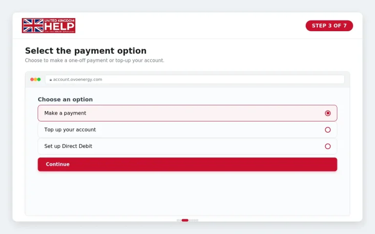 Step 3 of 7: Screenshot of the OVO account interface showing radio button options to make a payment, top up your account, or set up a Direct Debit.