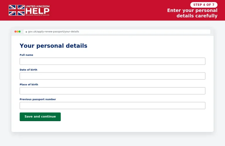 GOV.UK UK passport application page showing the personal details form