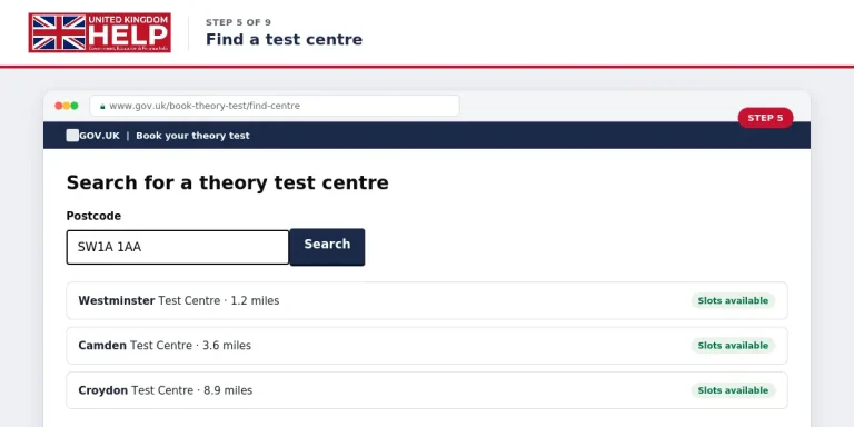 Screenshot of Step 5 showing postcode search functionality to find nearby DVSA theory test centres with available slots[cite: 7].