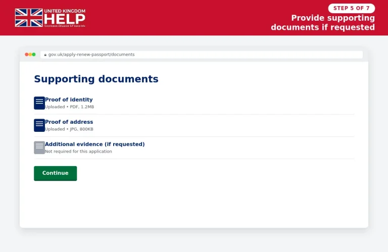 GOV.UK UK passport application page showing supporting documents and evidence