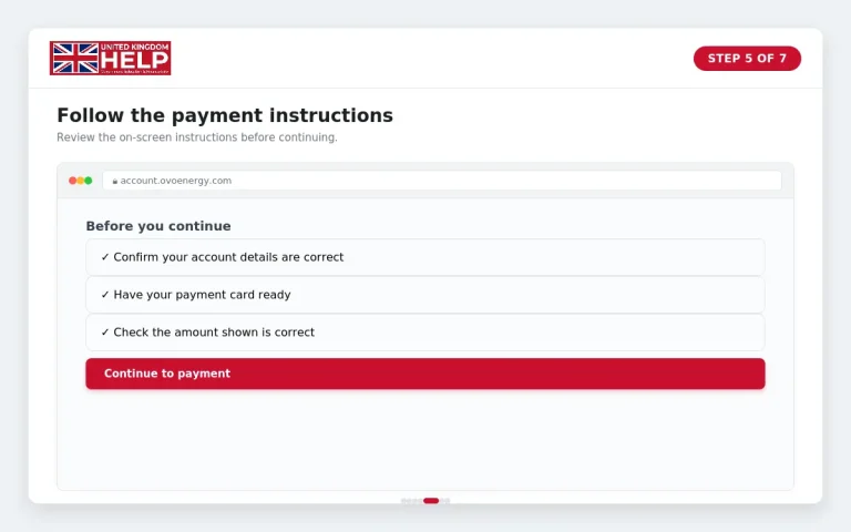 Step 5 of 7: Screenshot of the OVO account interface showing checklist instructions to confirm account details, have a payment card ready, and verify the payment amount.