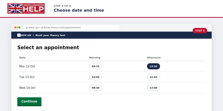 Screenshot of Step 6 showing available morning and afternoon dates and times to select your theory test appointment[cite: 8].