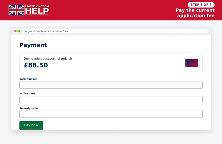 GOV.UK UK passport application payment page showing the passport fee and card payment fields