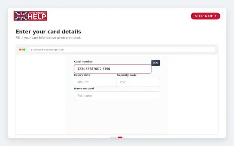 Step 6 of 7: Screenshot of the OVO account secure payment page showing input fields for card number, expiry date, security code (CVC), and name on card.