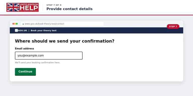 Screenshot of Step 7 showing the email address input field for receiving your theory test booking confirmation[cite: 9].