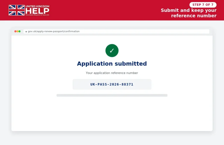 Screenshot showing the final confirmation page of a UK passport application submission with a reference number.