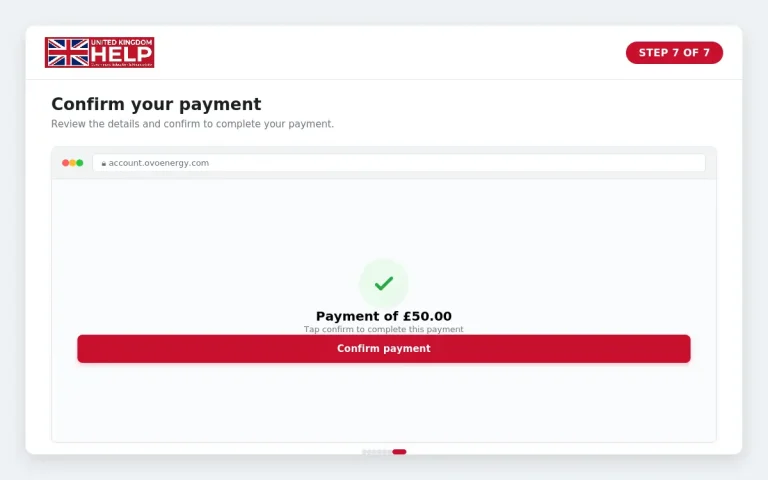 Step 7 of 7: Screenshot of the OVO account interface showing the final confirmation screen with a payment summary of 50 pounds and a confirm payment button.