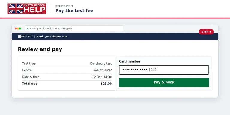 Screenshot of Step 8 showing the booking summary review and payment details interface for the official UK theory test fee[cite: 10].