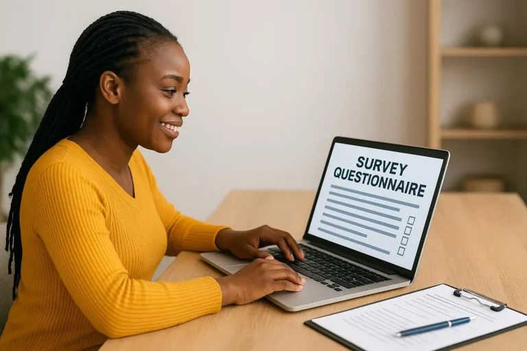 A smiling woman filling out a survey questionnaire on her laptop at a wooden desk.