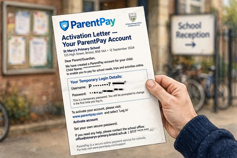 A hand holding a ParentPay Sign In activation letter from St Mary's Primary School containing temporary login details for account registration[cite: 2].
